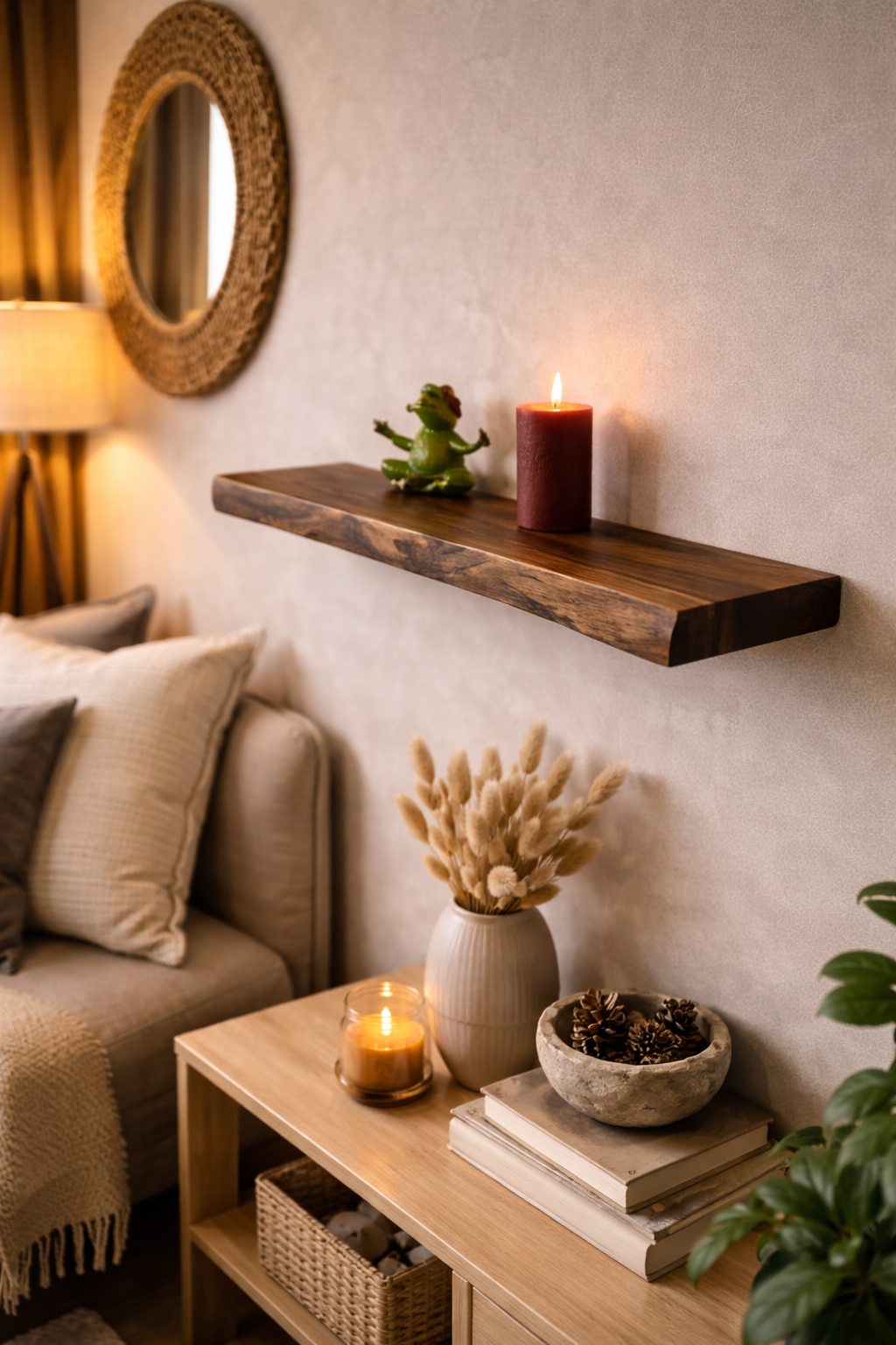 Oak floating wall shelf with plants and warm ambient lighting
