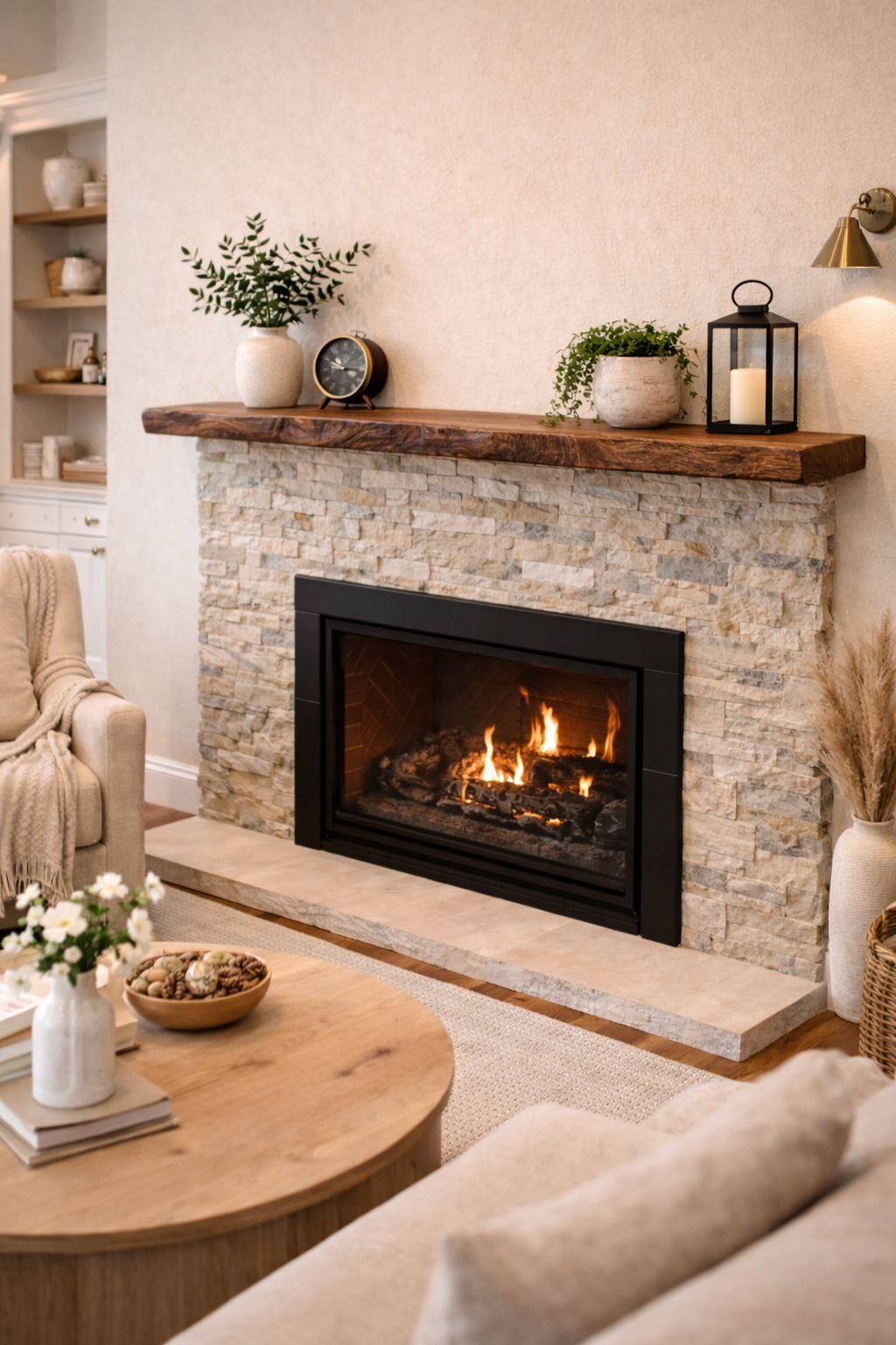 Rustic live edge walnut fireplace mantel beam with organic wood edge