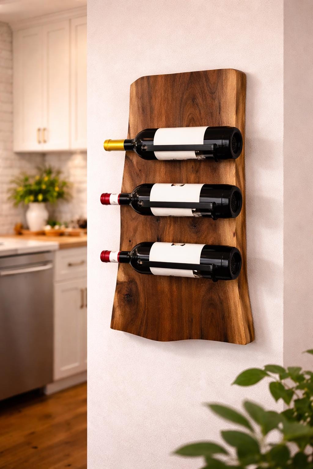 Rustic modern wall mounted wine bottle holder made from solid hardwood slab