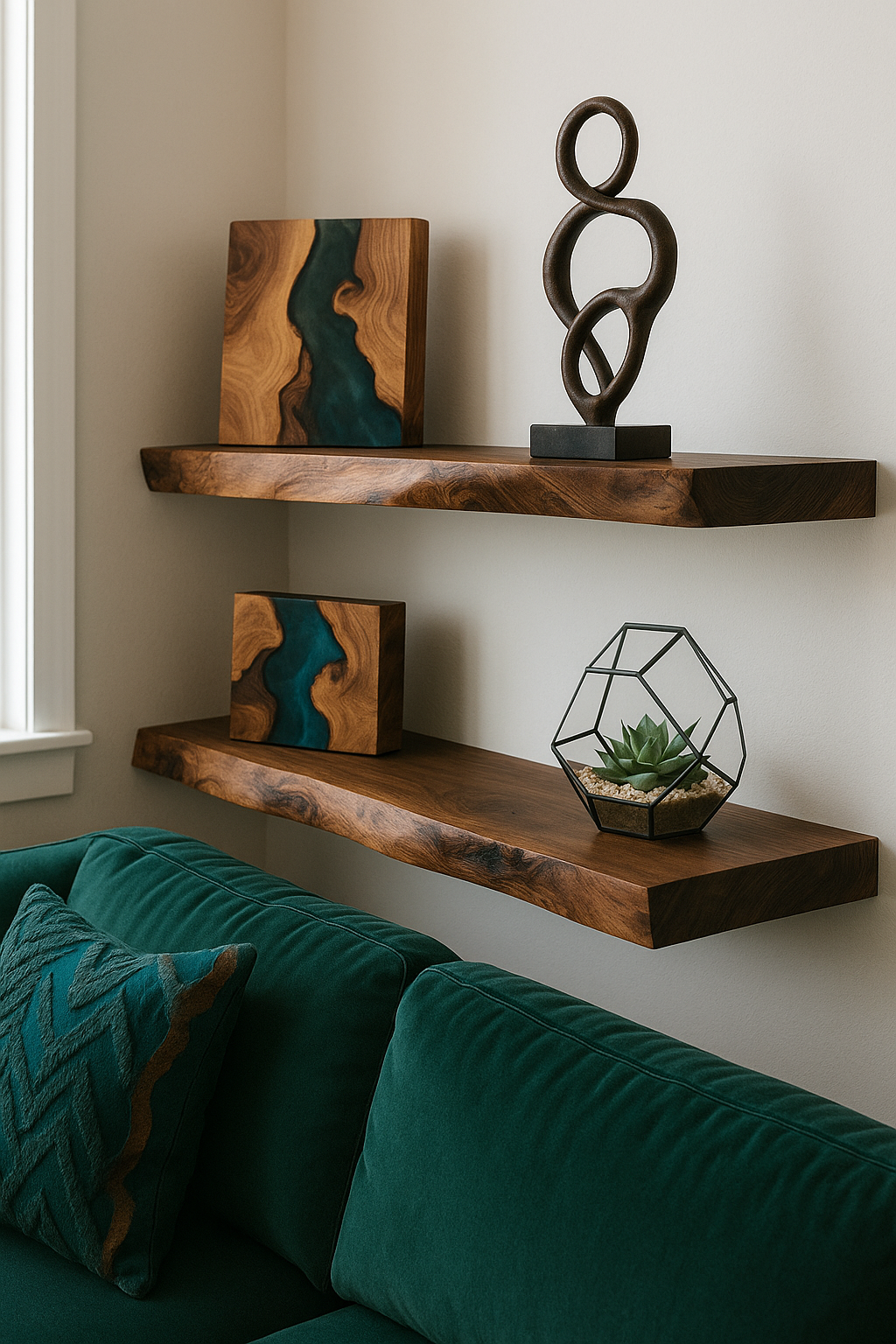 Rustic walnut floating wall shelf with minimalist decor and natural wood texture