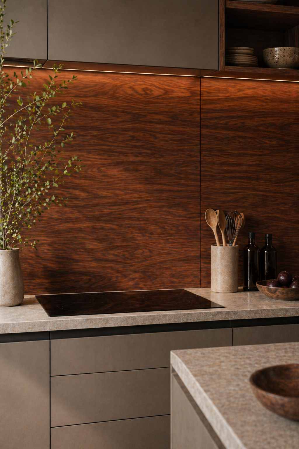 Modern kitchen with wooden backsplash, gray cabinets, and various kitchen items.