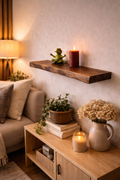 Solid wood floating shelf with candles and minimalist living room decor