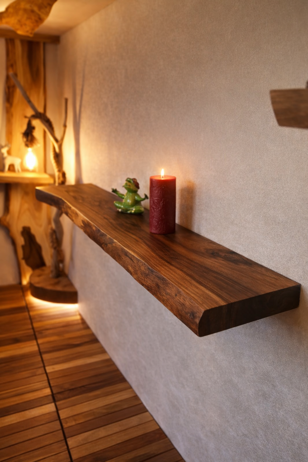 Solid wood floating shelf close-up showing natural grain and edge detail