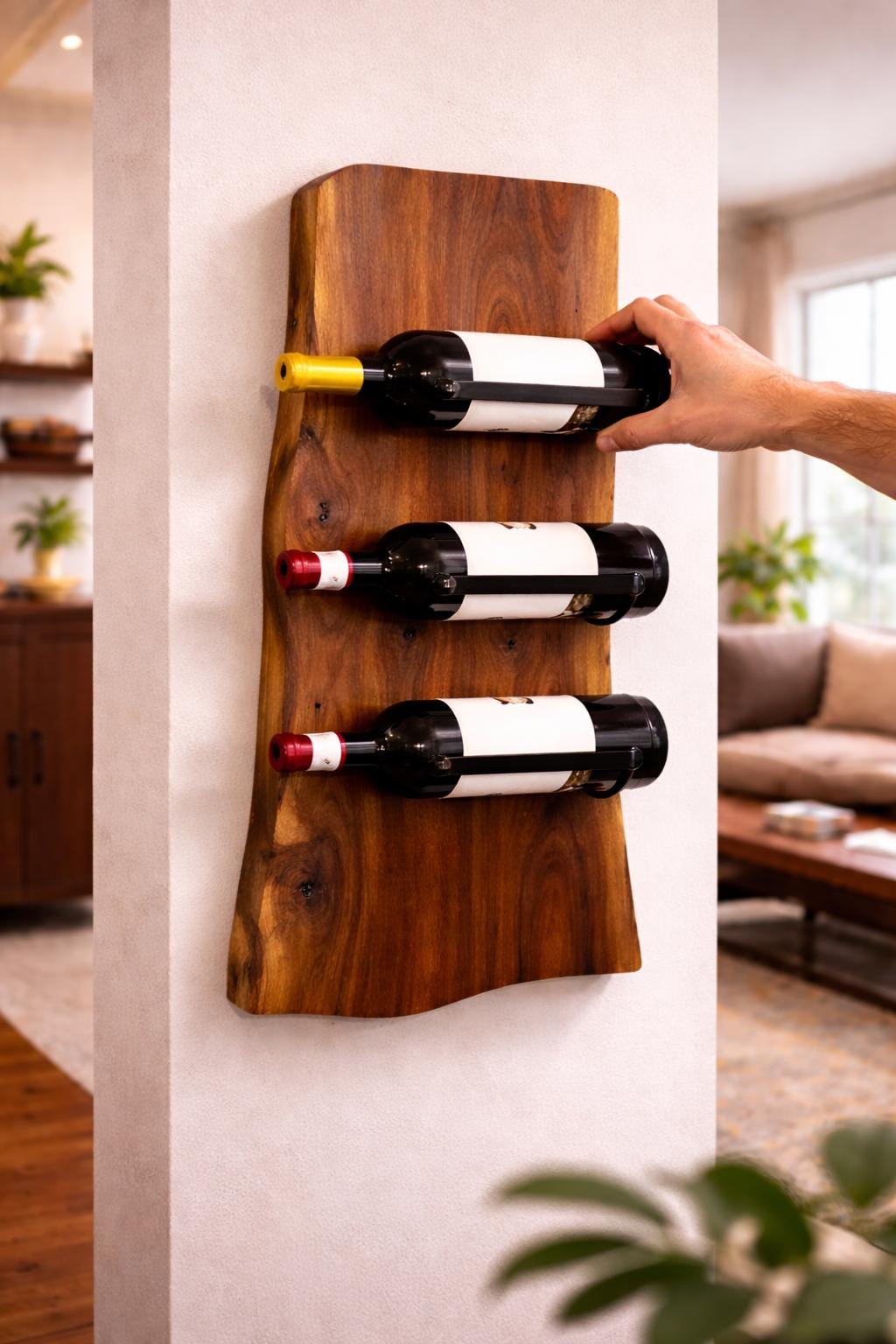Vertical solid wood wine rack with metal bottle holders made from natural walnut slab