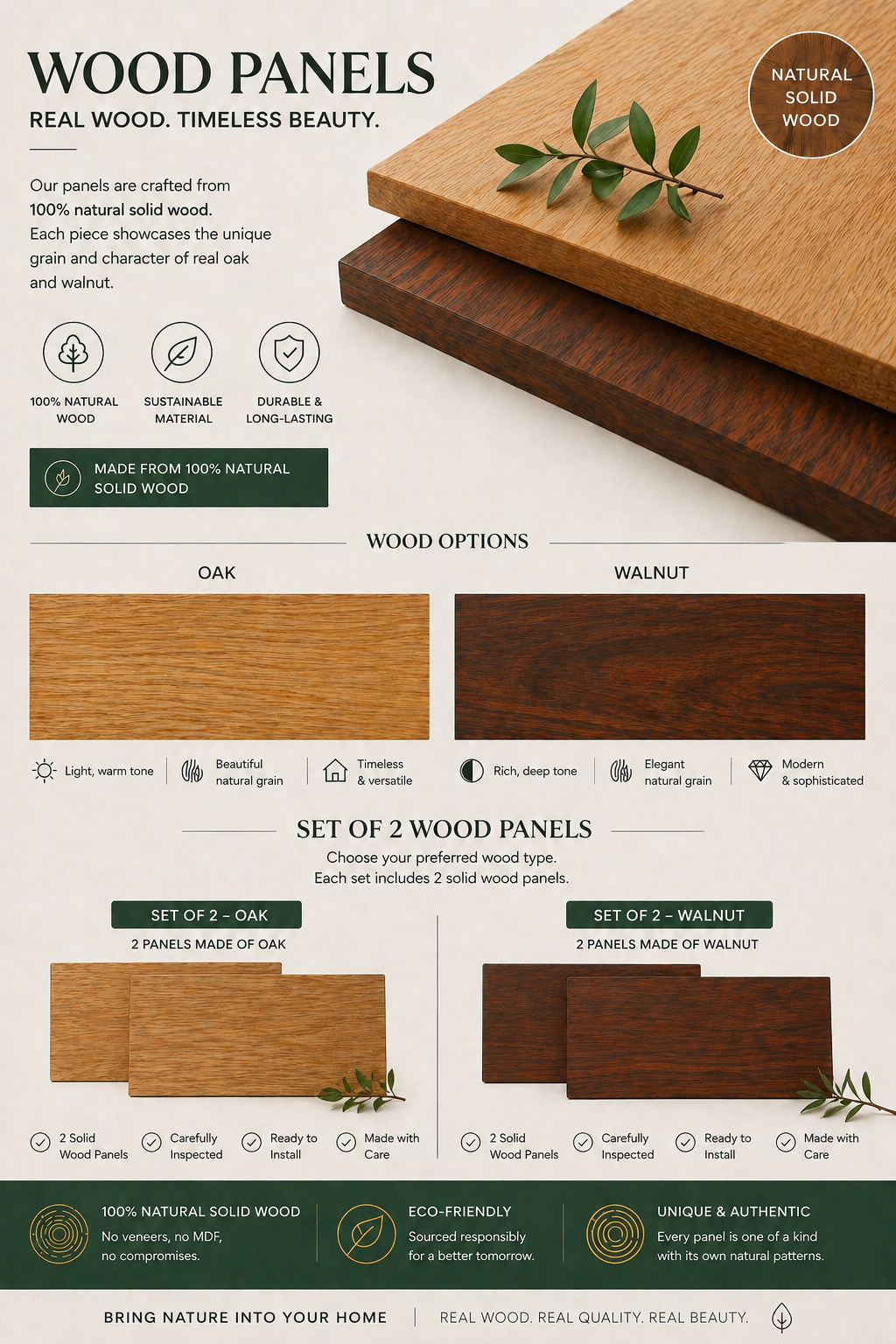 Wood panels with oak and walnut options on a white background