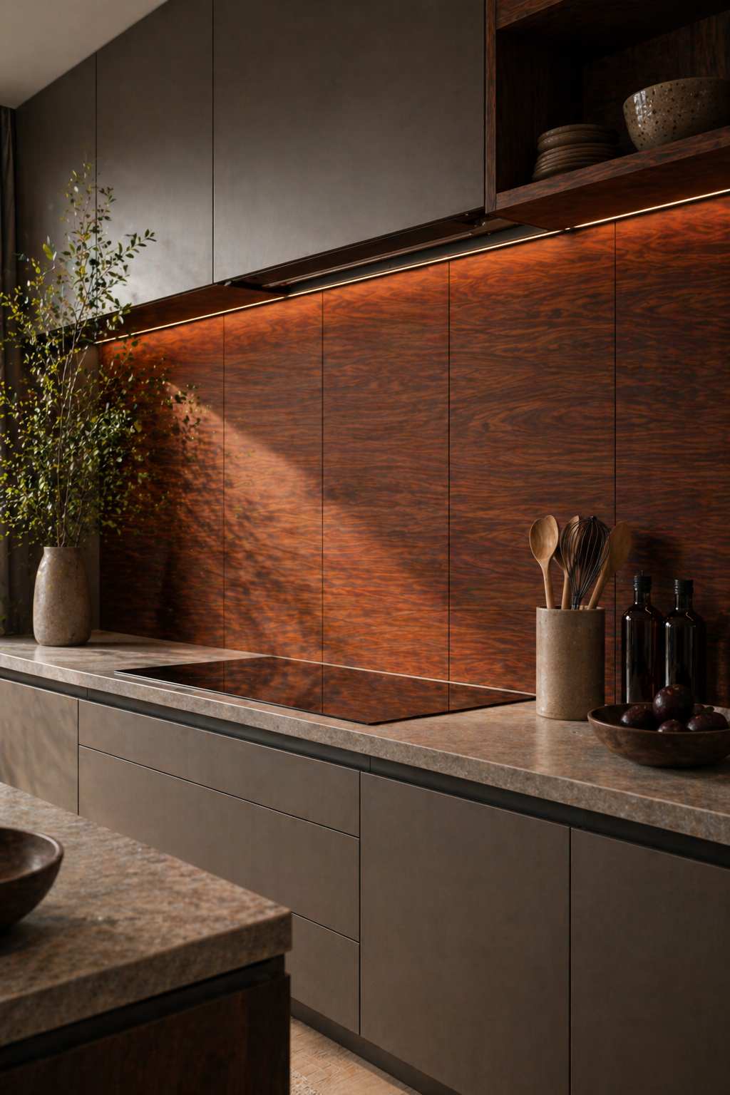 Modern kitchen with wooden backsplash and concrete countertops