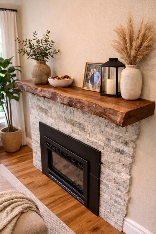 Walnut floating fireplace mantel with natural wood grain and handcrafted edge