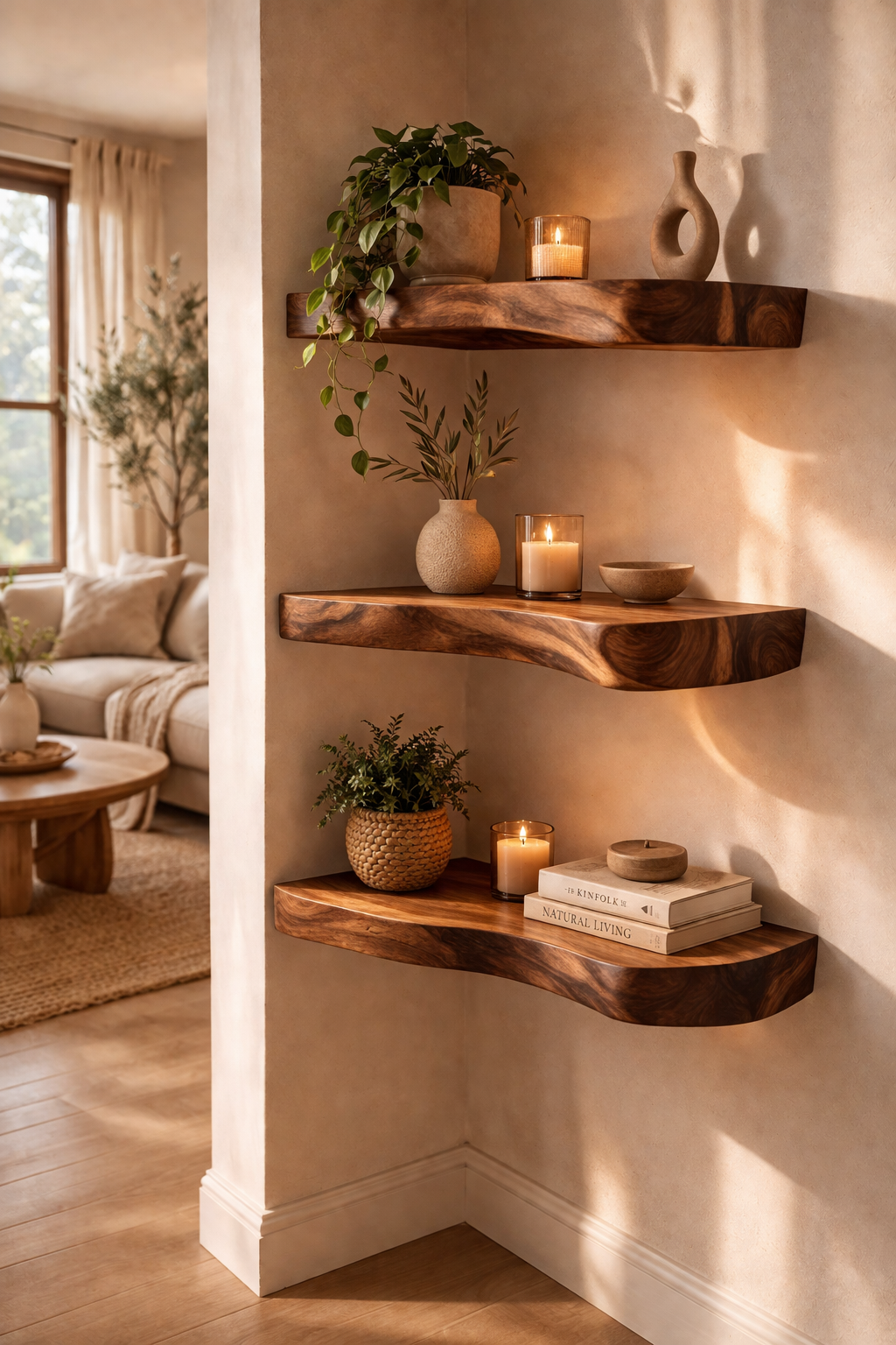 corner floating shelves wood wall storage small space design