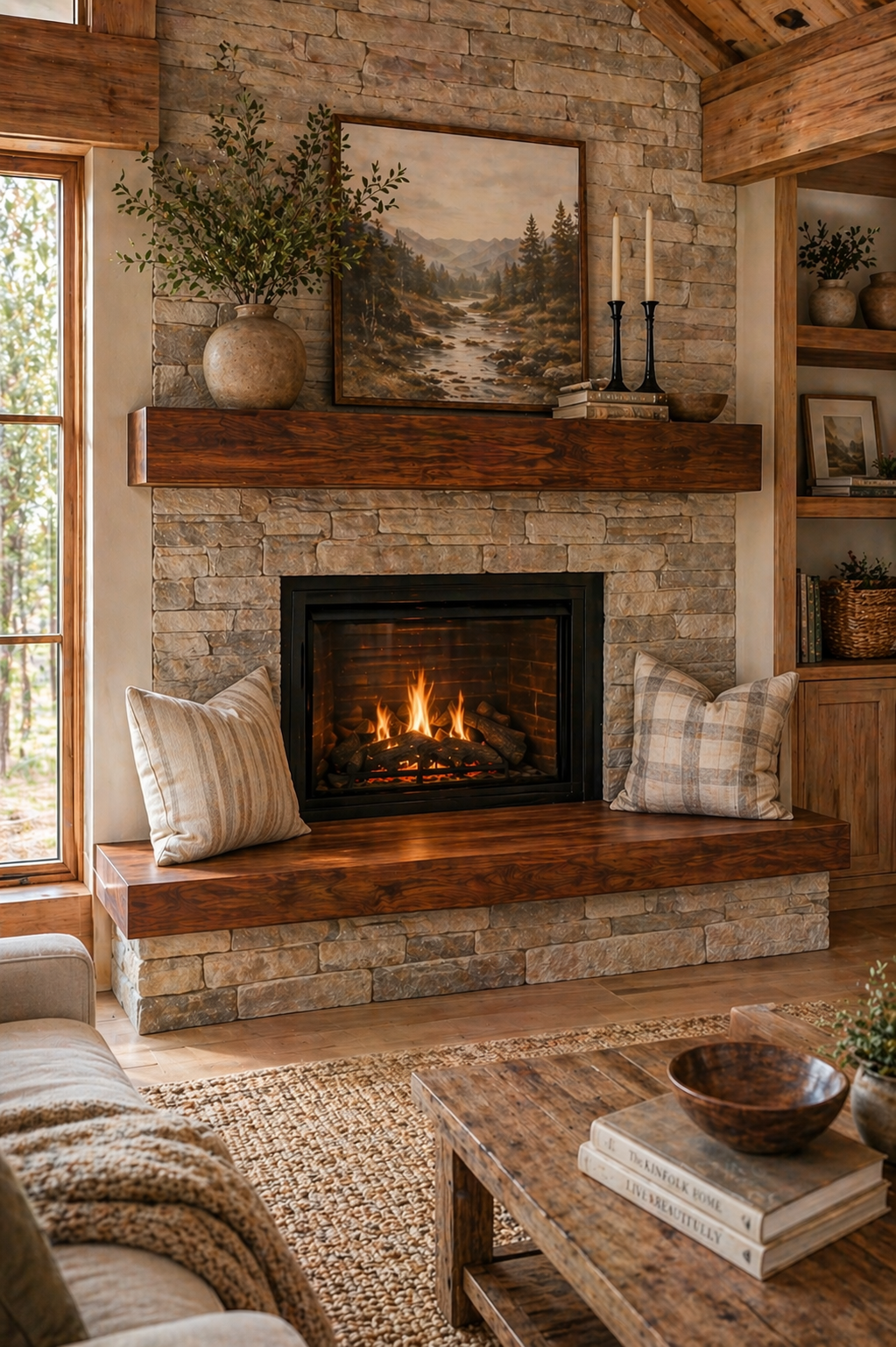 cozy fireplace bench seating pillows natural wood hearth bench