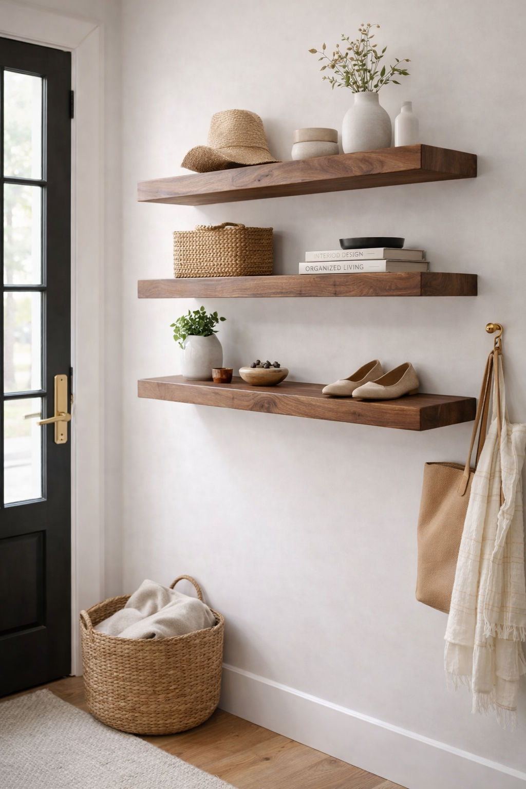 Three walnut floating shelves with baskets and decor in a bright entryway
