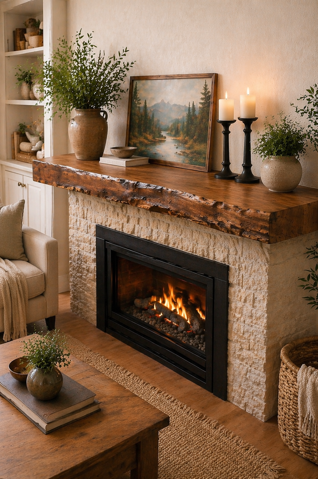custom live edge mantel shelf alder wood floating beam fireplace