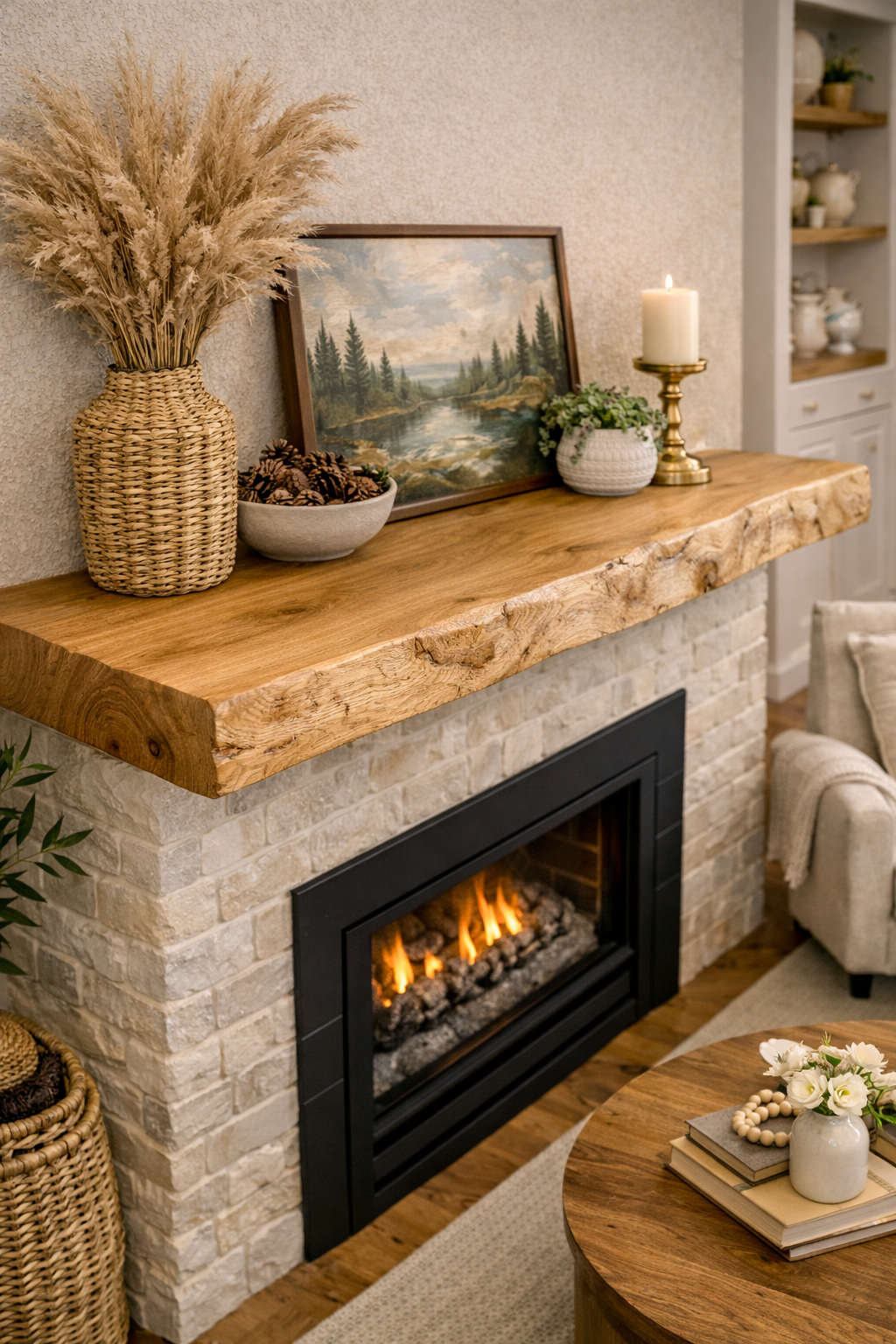 custom wood fireplace mantel installed on stone surround