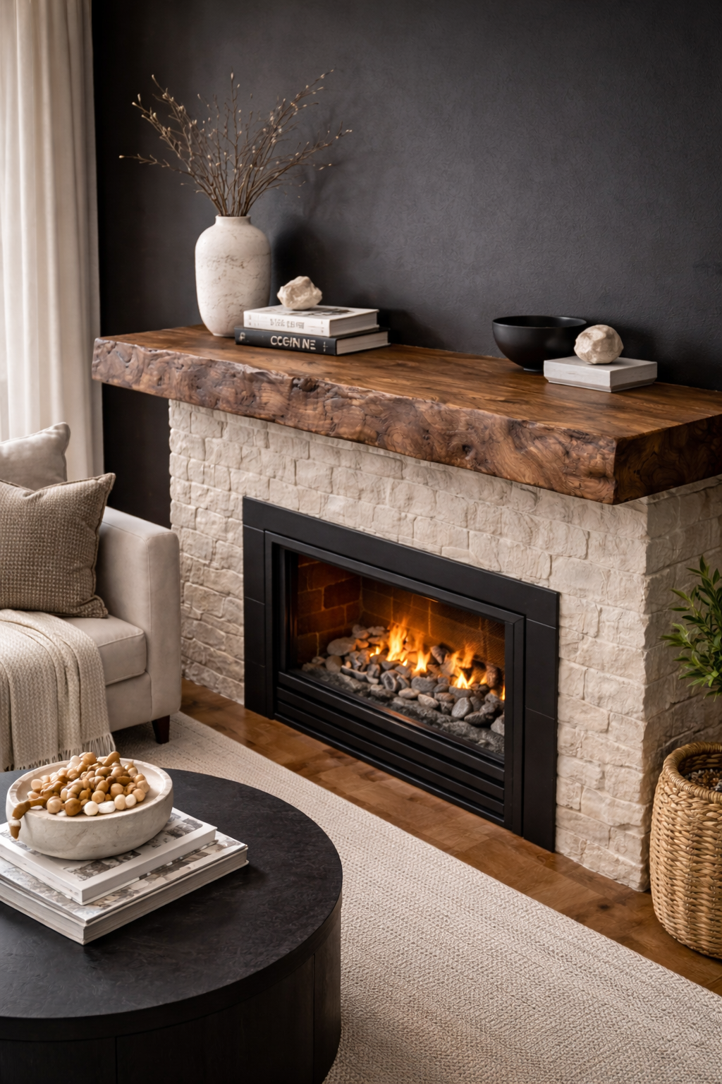 custom wood fireplace mantel with decor and natural textures