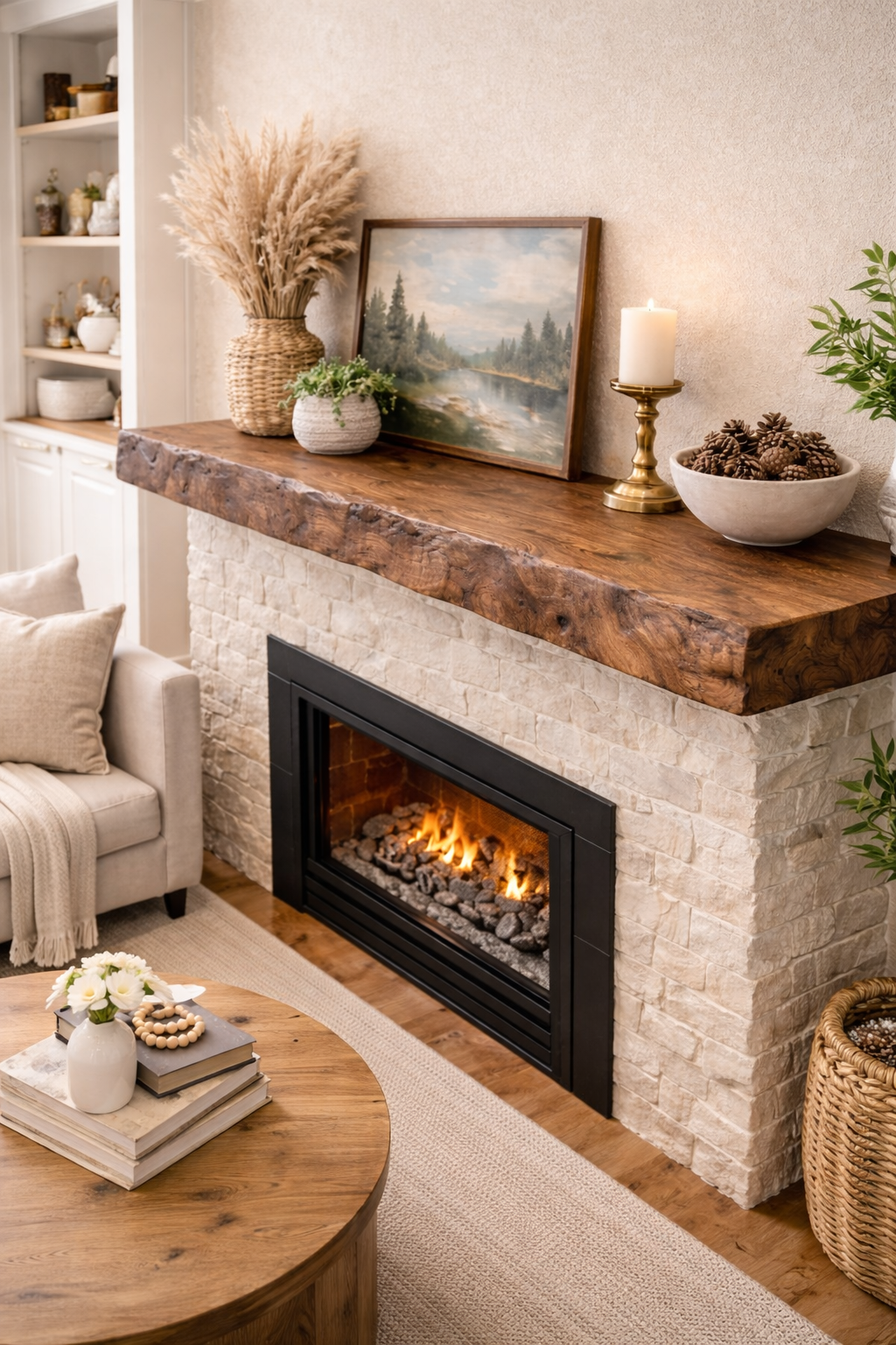 dark walnut mantel installed above stone fireplace with warm lighting