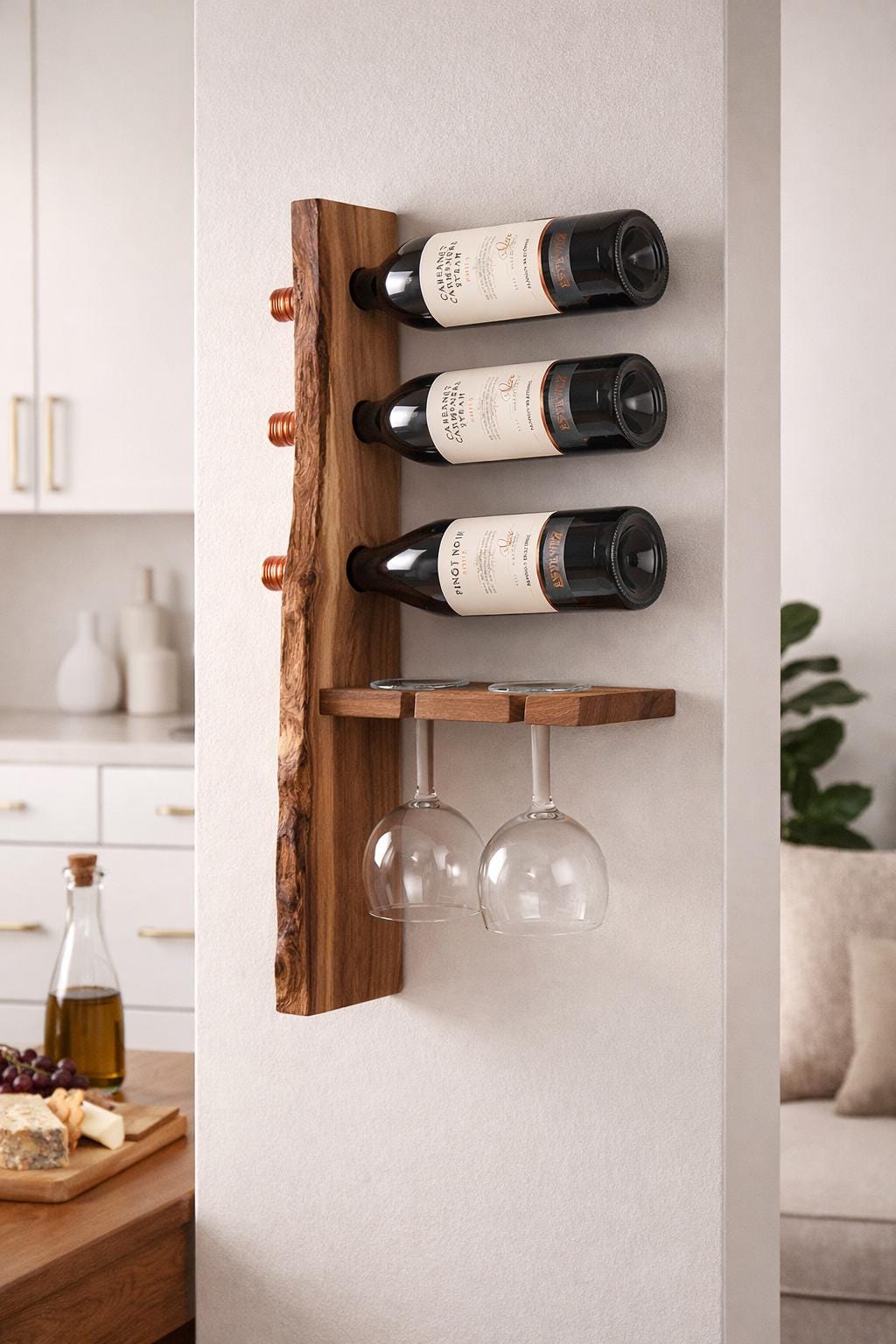 Live Edge Solid Wood Wine Rack with Glass Holder | Rustic Wall Decor