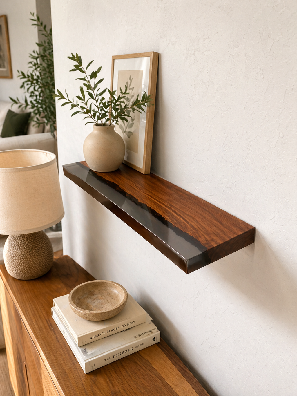 epoxy shelf styling decor books plant floating shelf design