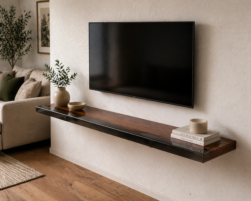 epoxy wood floating shelf modern living room tv wall design