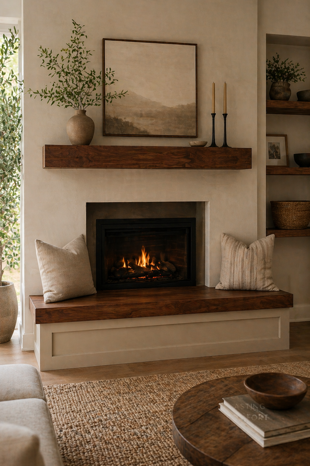 fireplace bench detail thick wood edge natural grain texture