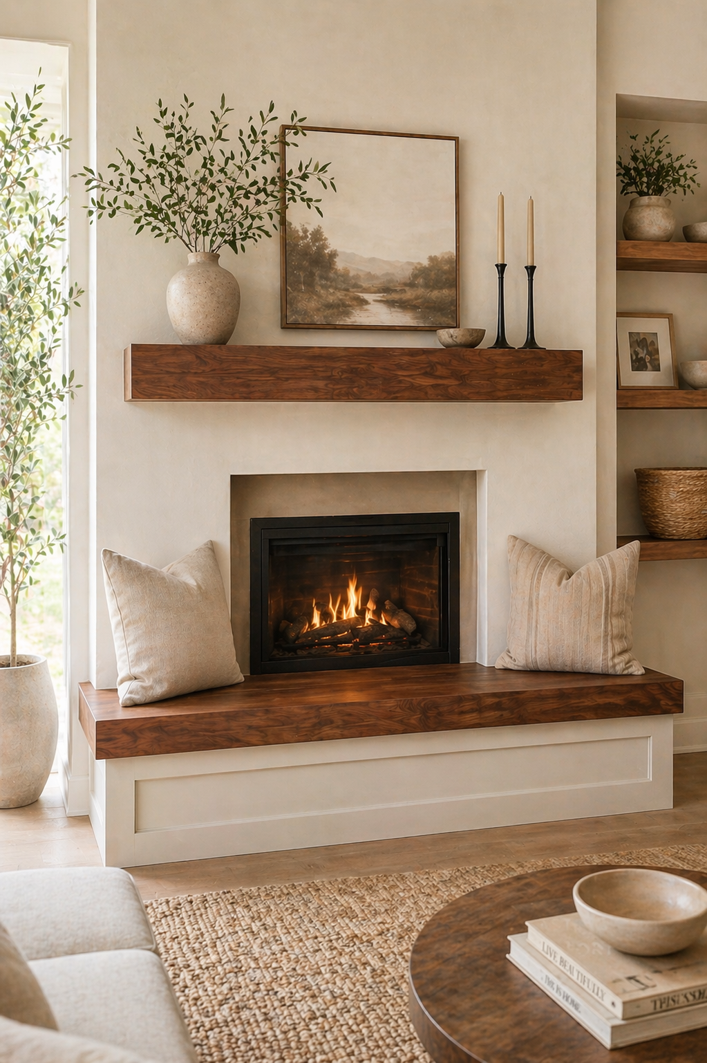 light oak fireplace bench modern clean hearth seating interior