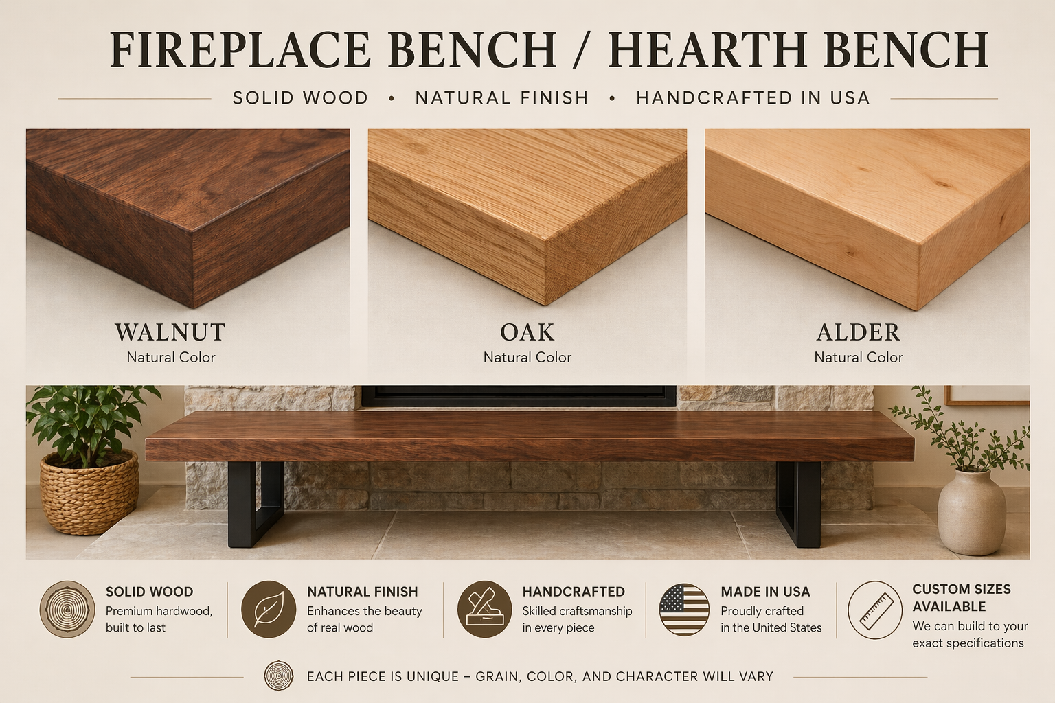 fireplace bench wood options walnut oak alder thickness comparison