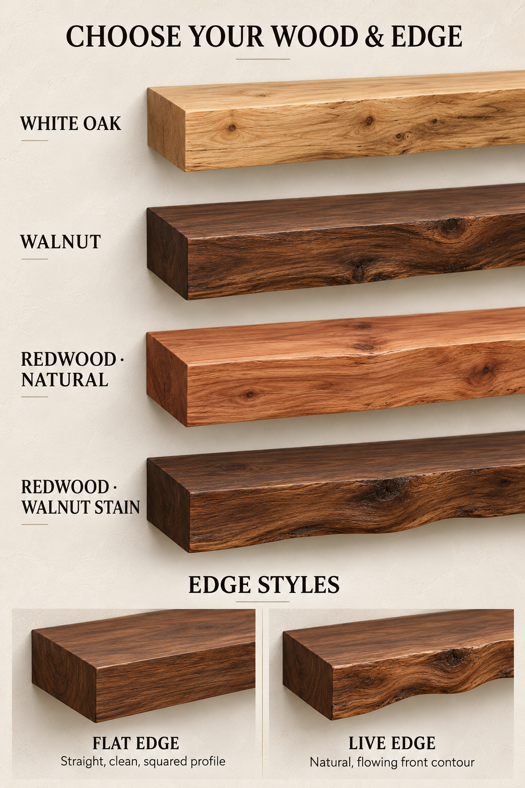 Guide graphic comparing wood finishes and flat versus live-edge shelf profiles.