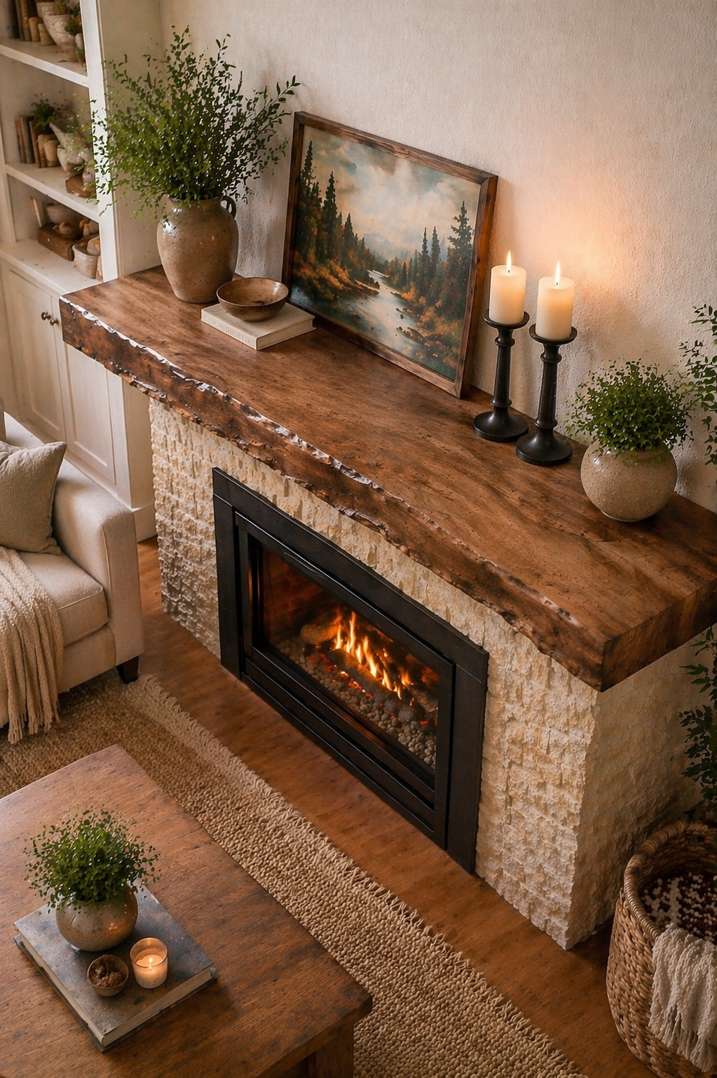 floating fireplace shelf live edge alder wood warm brown stain