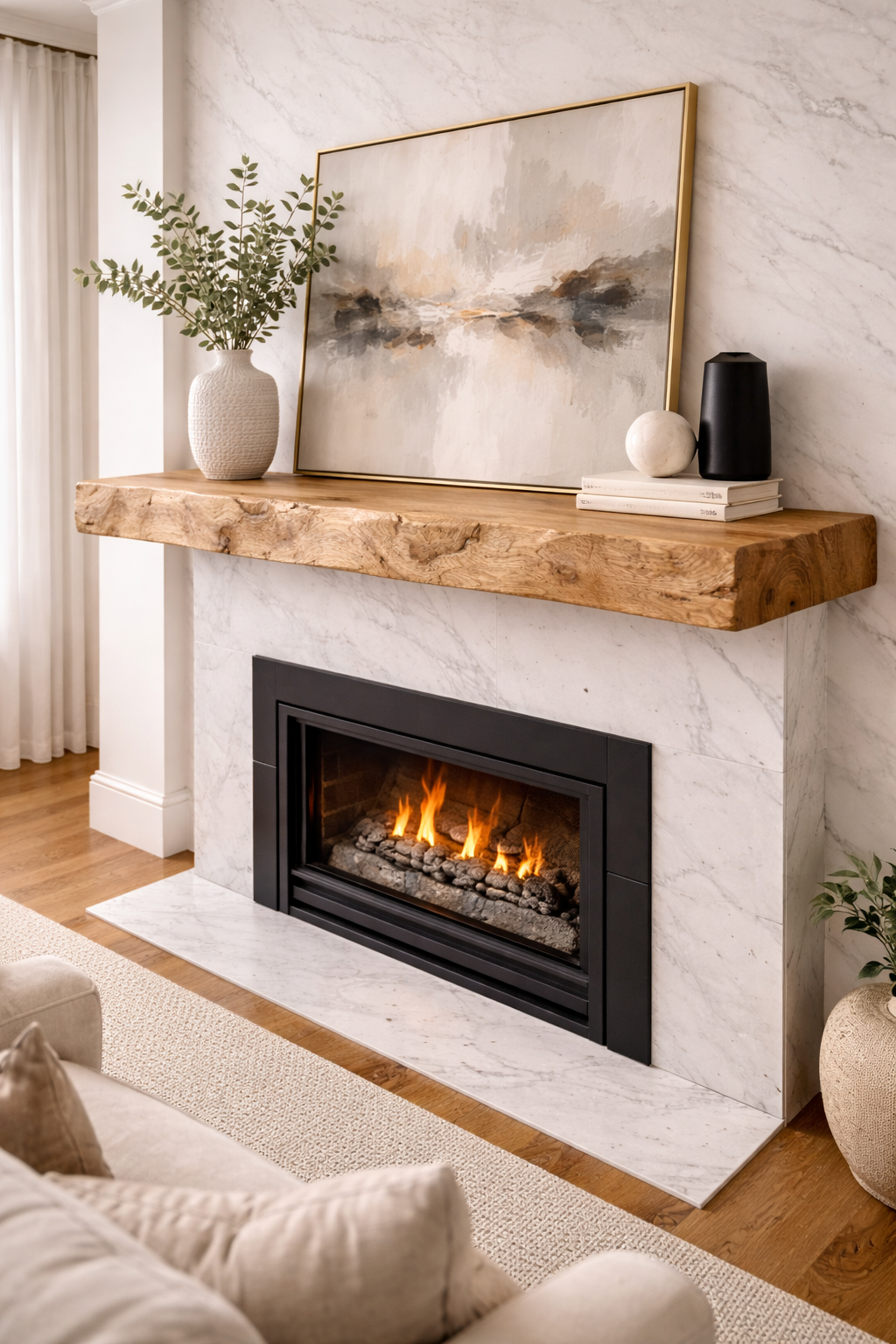 floating oak mantel with plants and ceramic decor above fireplace
