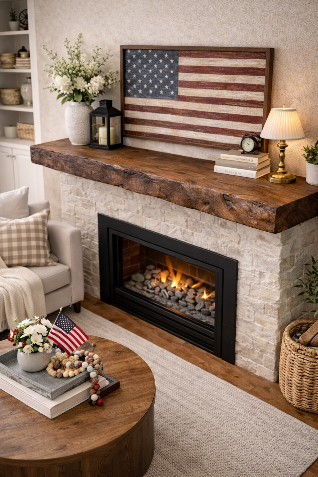 floating walnut mantel shelf in cozy living room interior