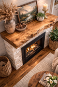 floating wood mantel shelf styled with decor above stone fireplace