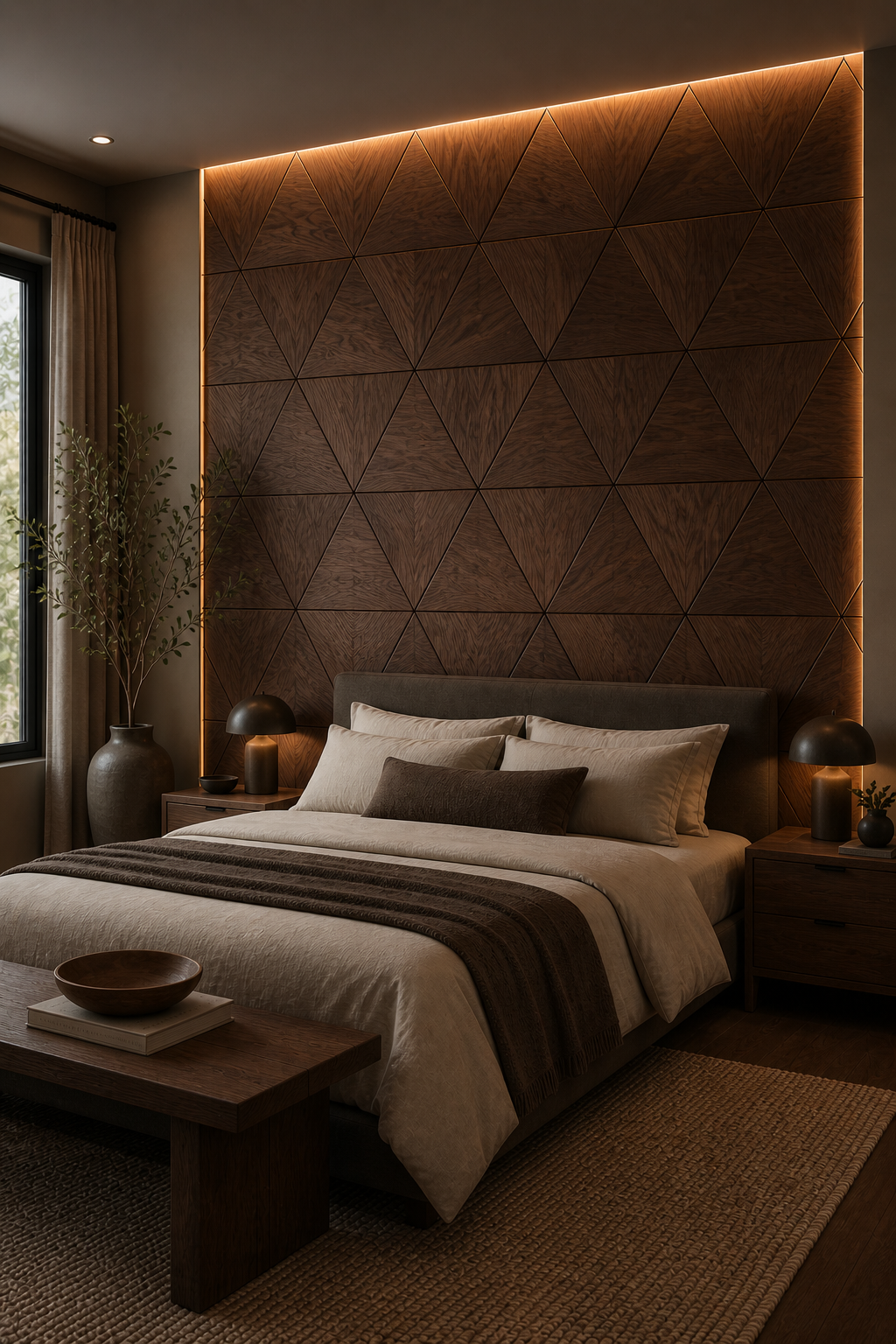 Modern bedroom with geometric headboard and warm lighting