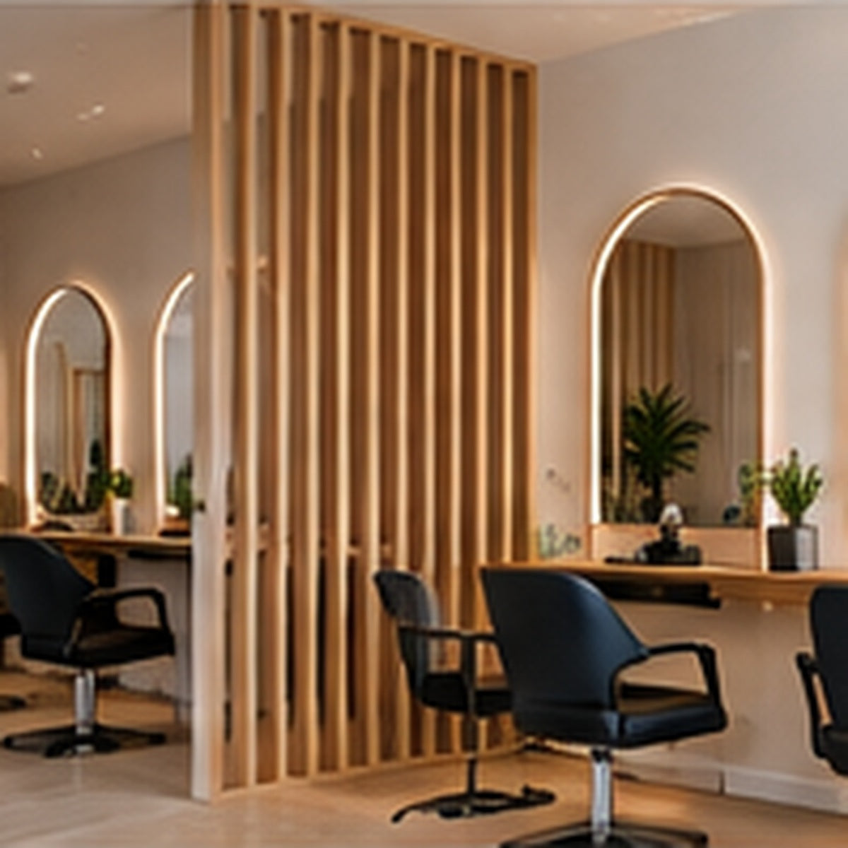 Hair salon wood slat room divider