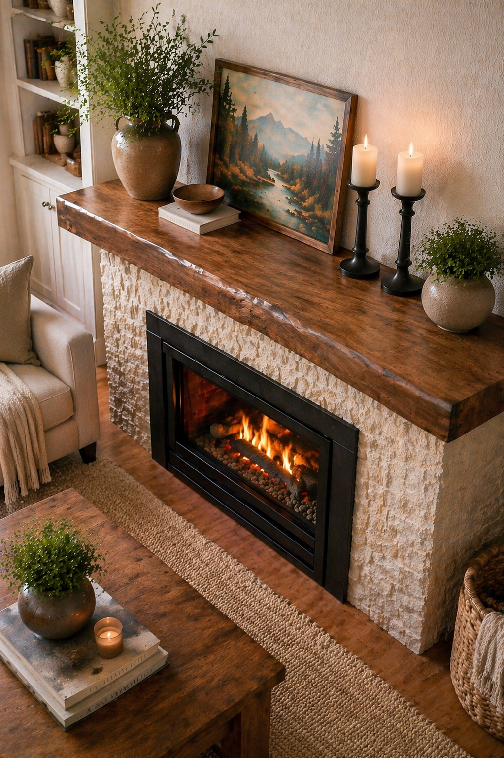 handcrafted alder wood beam mantel natural edge walnut finish shelf