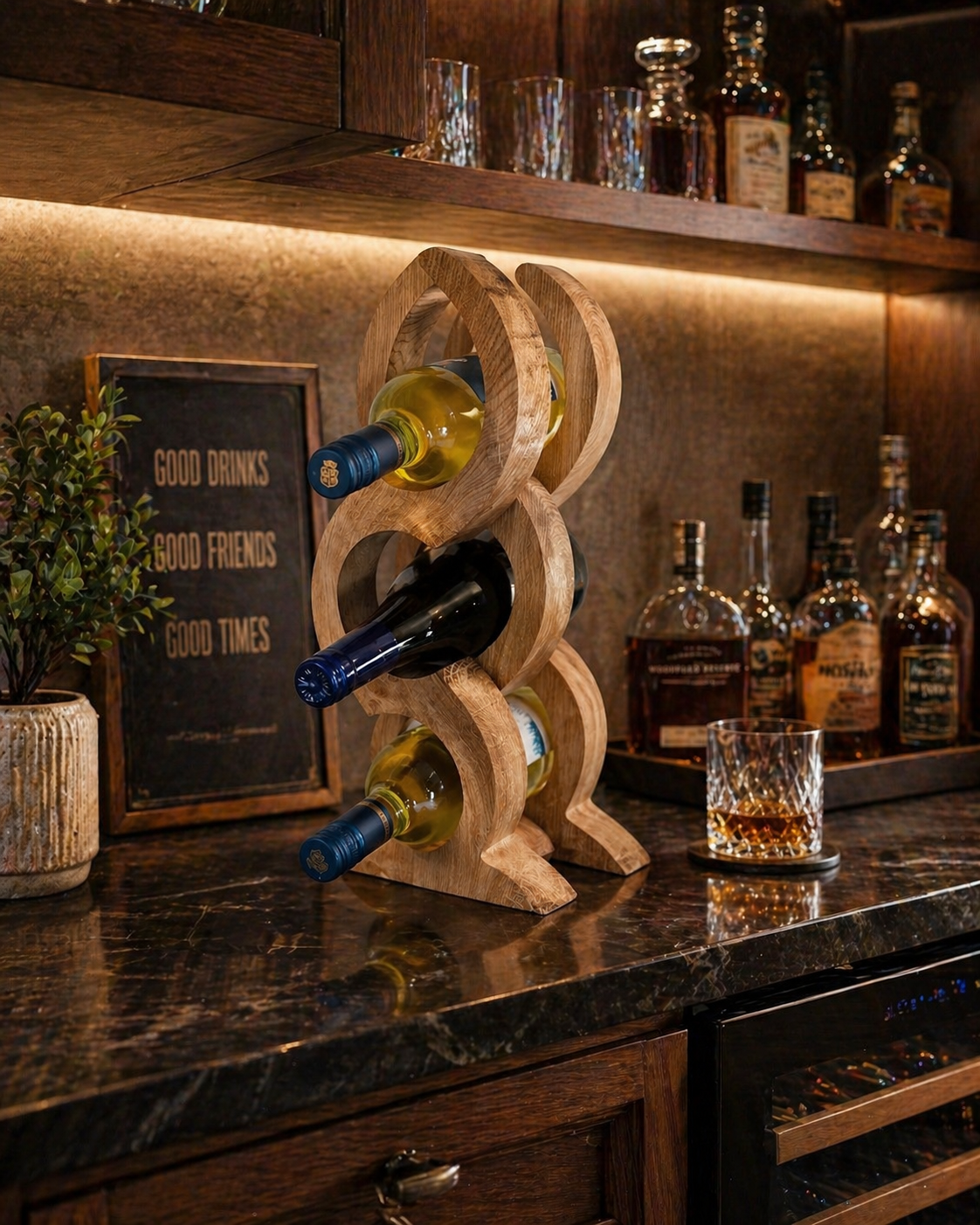 home bar wine rack wood 3 bottle holder modern rustic decor