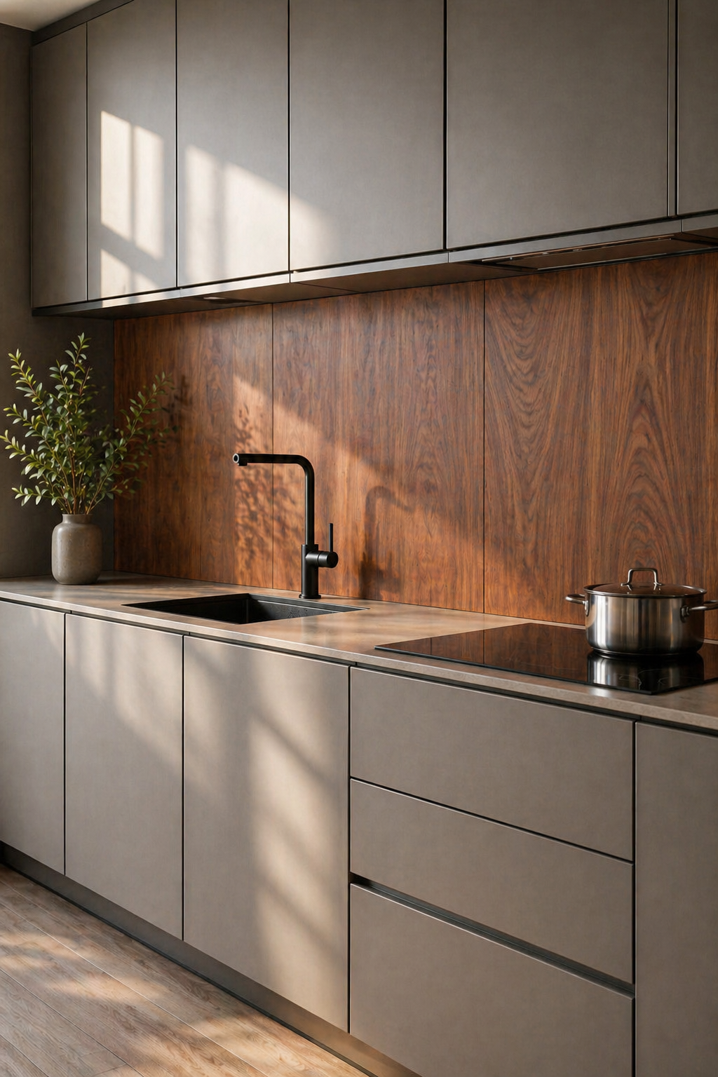 Modern kitchen with wooden backsplash, stainless steel sink, and cooktop.