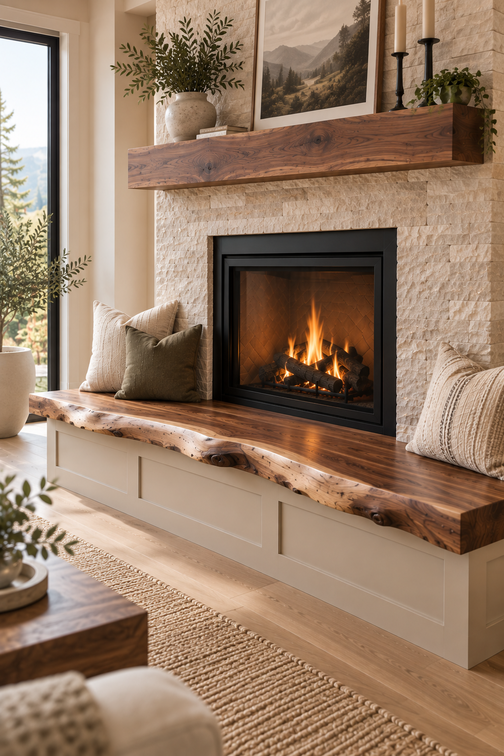 Dark brown live-edge bench seat in front of a stone fireplace