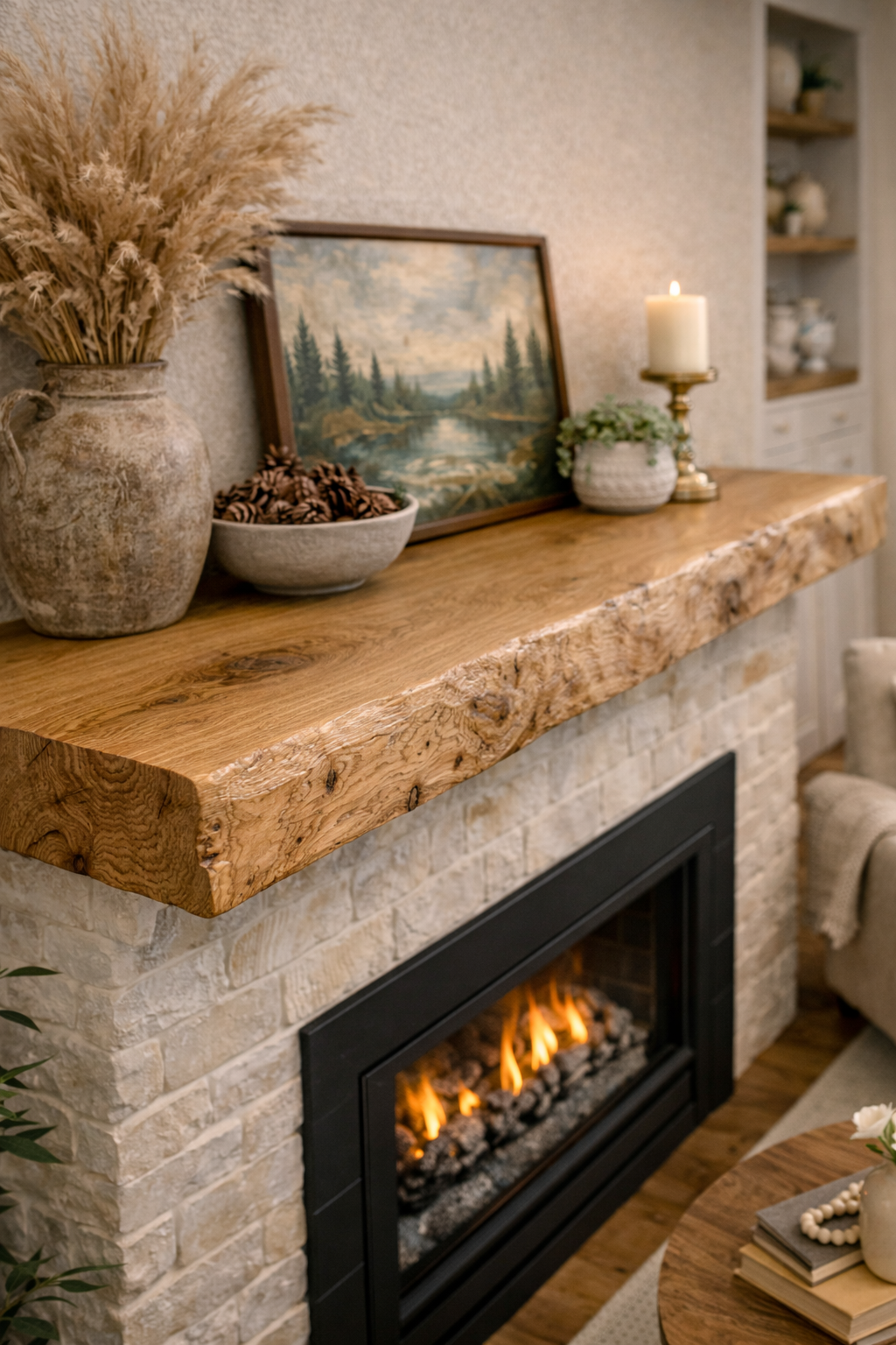 live edge mantel shelf with neutral decor and warm interior styling