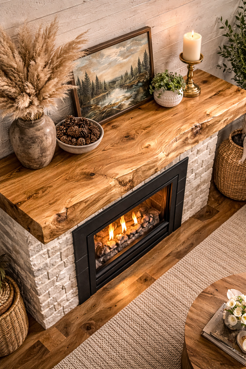 live edge oak mantel with warm lighting and natural home decor