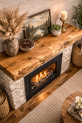 live edge oak mantel with warm lighting and natural home decor