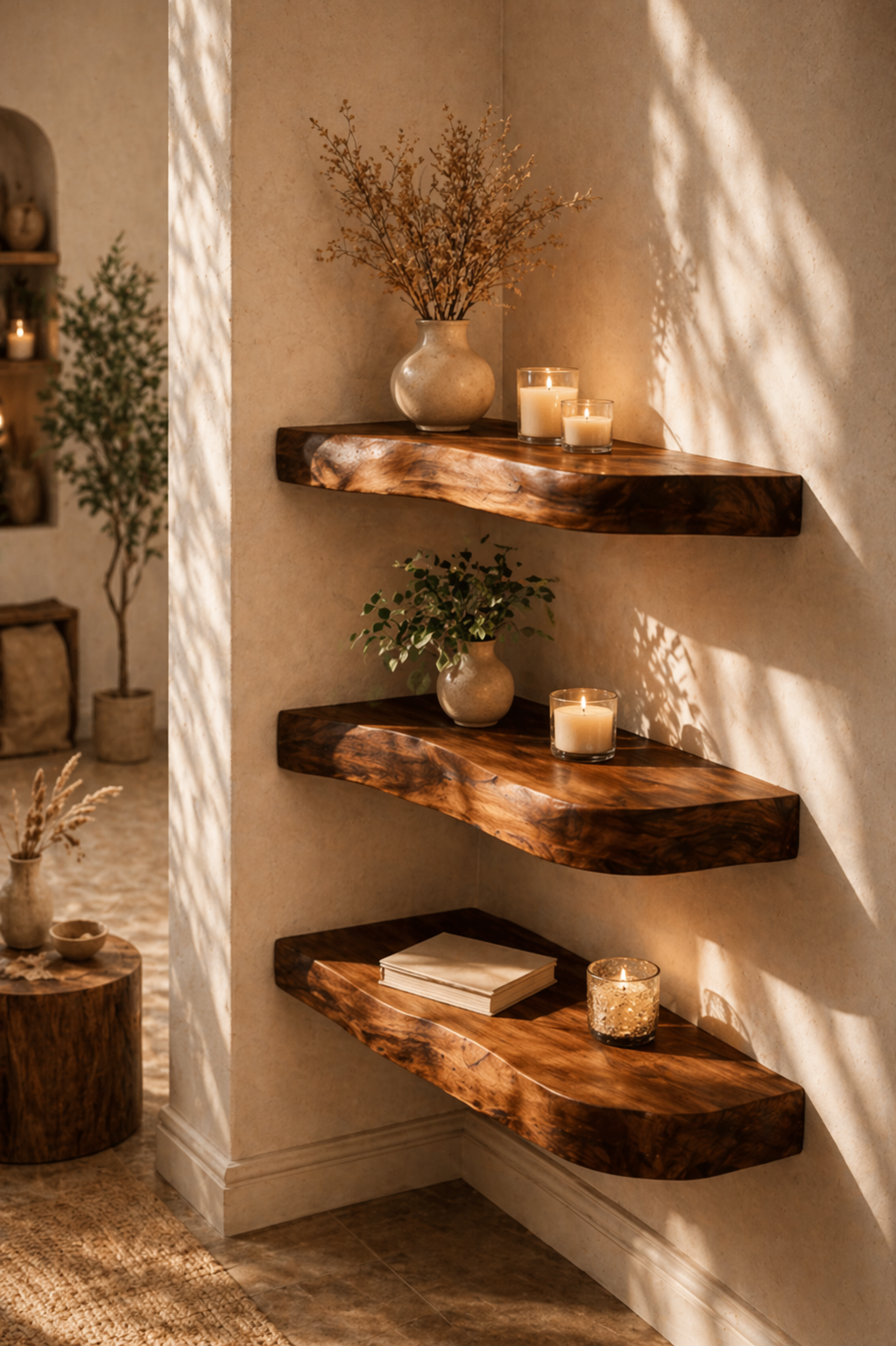 live edge walnut corner shelves floating wood shelves warm cozy interior decor