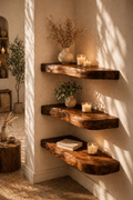 live edge walnut corner shelves floating wood shelves warm cozy interior decor