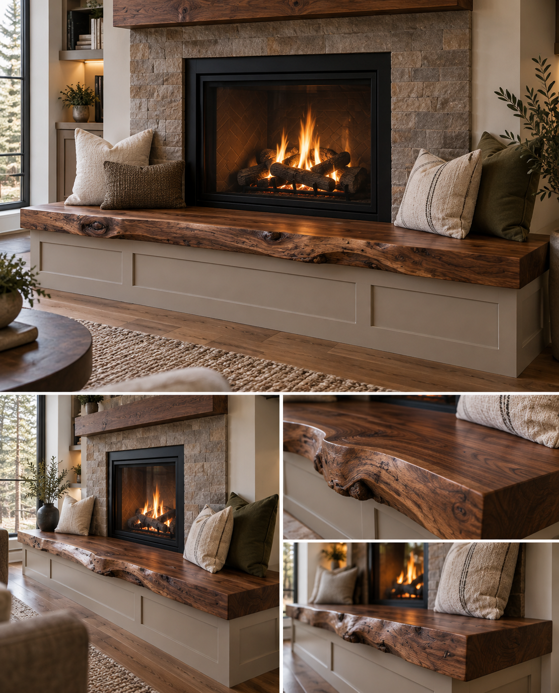 Modern live edge fireplace bench in walnut