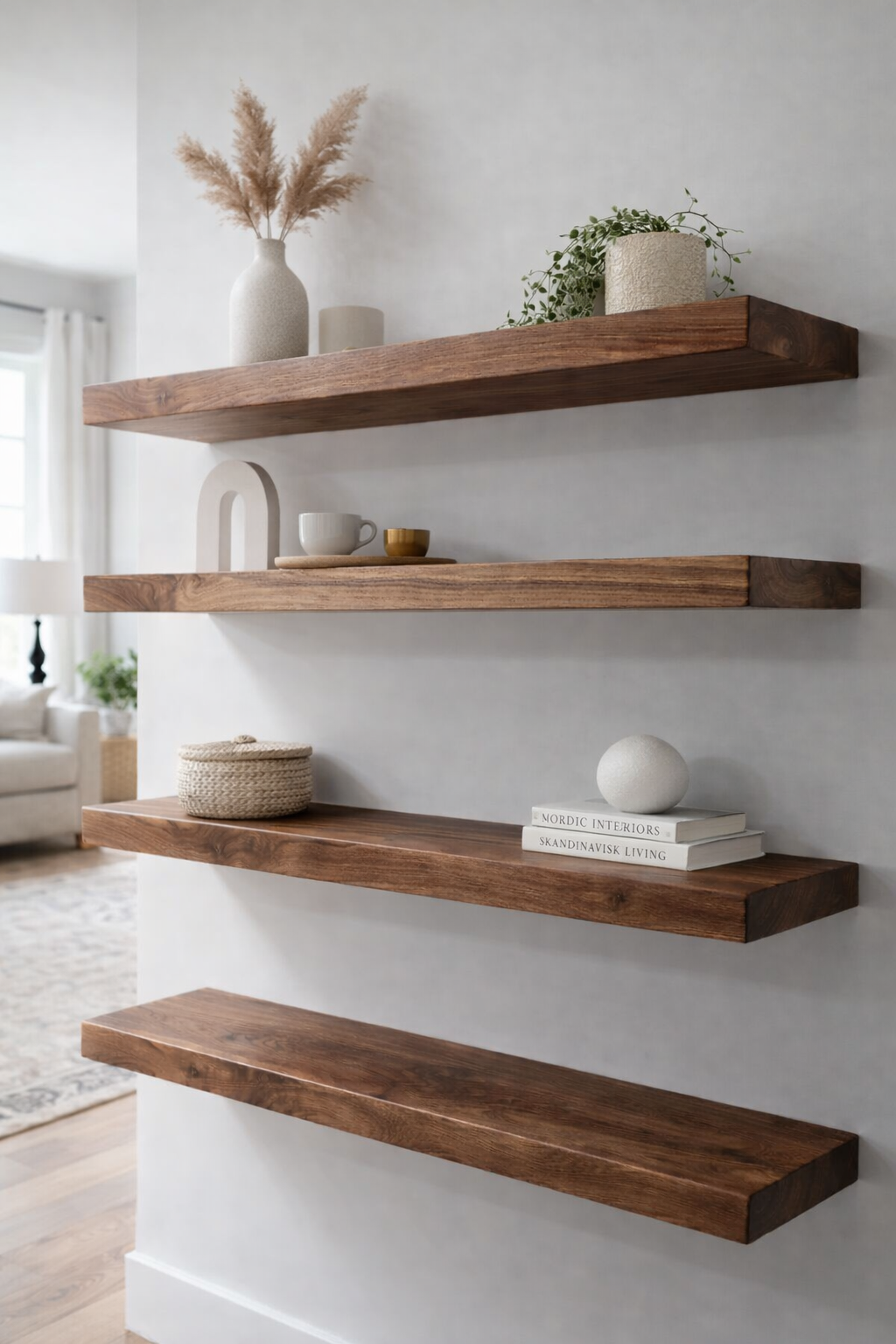 Four walnut floating shelves arranged as a layered wall display with ceramics and books
