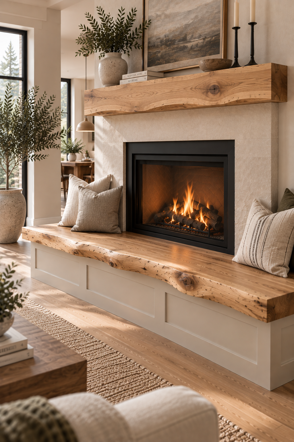 Modern white oak hearth extension bench with live edge