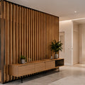 Modern wood partition wall in a contemporary interior
