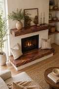 modern fireplace bench oak wood seating cozy minimalist interior