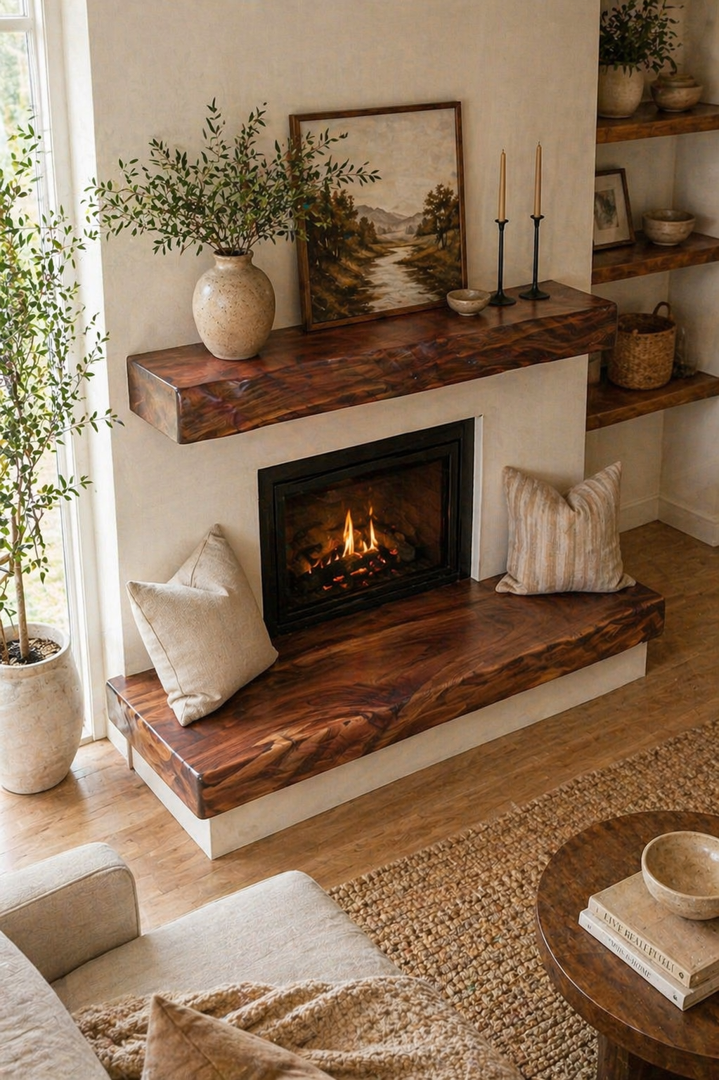 modern fireplace bench oak wood seating cozy minimalist interior