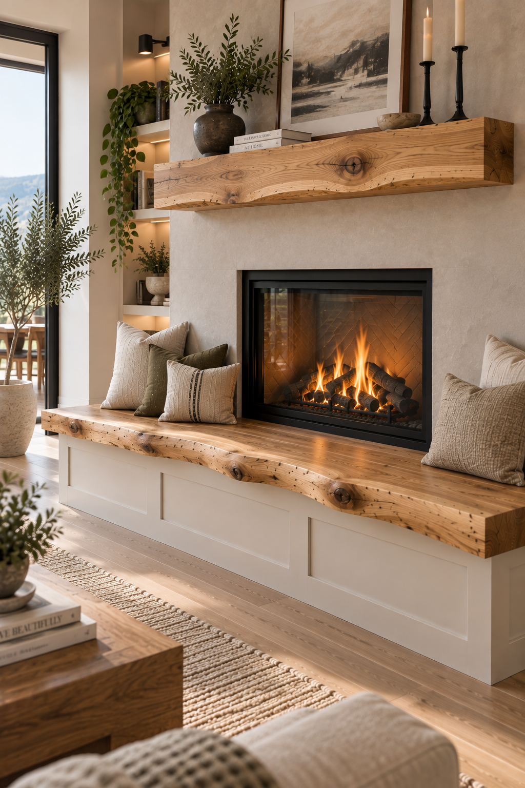Natural white oak fireplace bench seat with sanded live edge