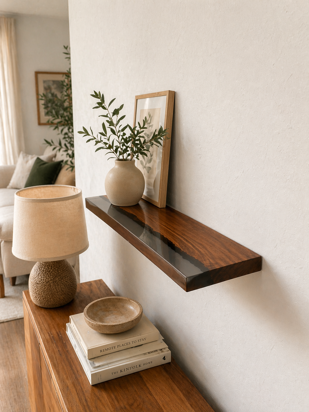 oak epoxy shelf light wood floating shelf wall styling