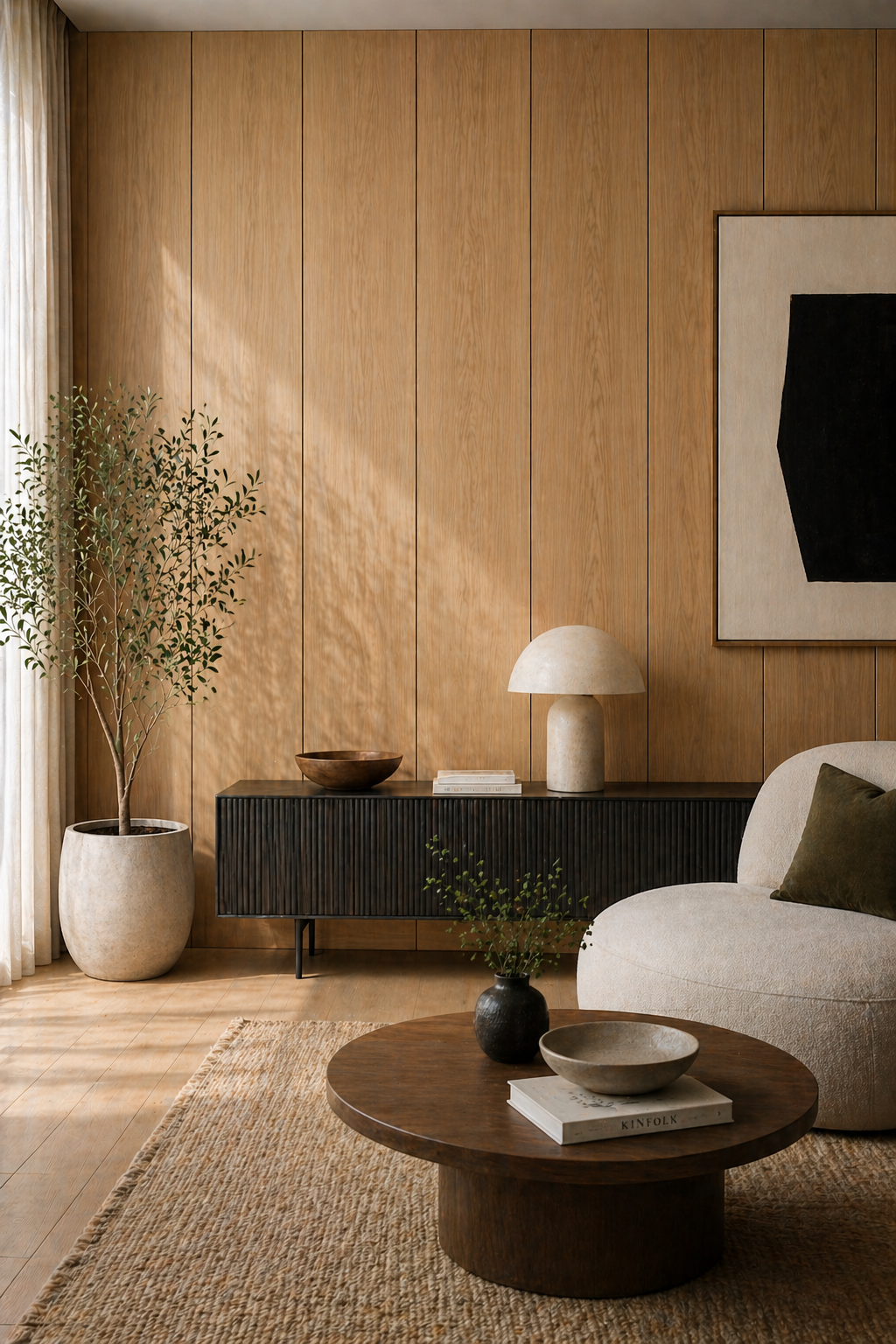oak wall panels bright living room accent wall