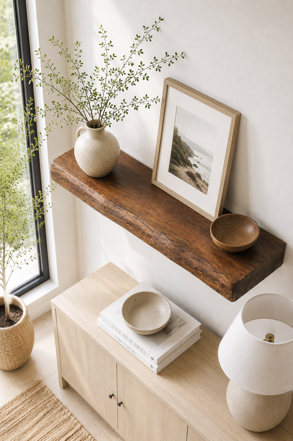 Walnut-tone redwood shelf with a textured live edge, styled with neutral decor.